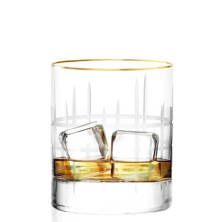 New York Bar Manhattan Whiskey Cross Cut Glass with Gold Rim 10 3/4 oz - Set of 4