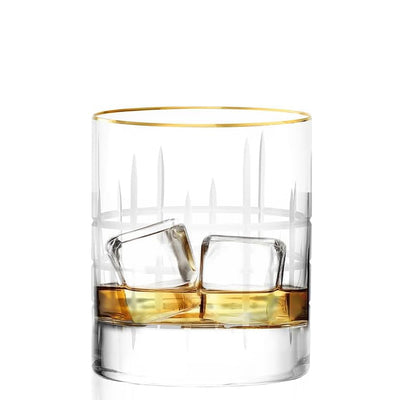 New York Bar Manhattan Whiskey Cross Cut Glass with Gold Rim 10 3/4 oz - Set of 4