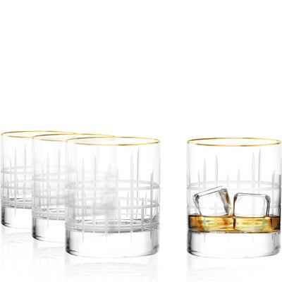New York Bar Manhattan Whiskey Cross Cut Glass with Gold Rim 10 3/4 oz - Set of 4